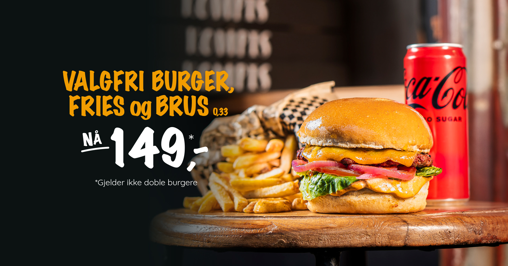Bilde av hamburger, fries og brus fra Kompis